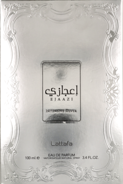 Lattafa Ejaazi Intensive Silver, srebrne pudełko perfum z tłoczonymi ornamentami, widok frontalny.