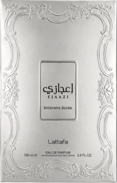 Lattafa Ejaazi Intensive Silver EDP, srebrne, wytłaczane pudełko perfum z ozdobnym wzorem i nazwą na froncie.