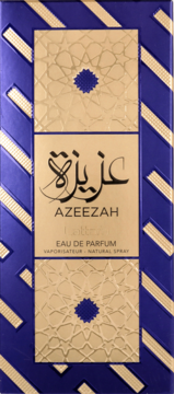 Lattafa Azeezah Eau de Parfum, prostokątne pudełko, królewski błękit ze złotymi paskami i geometryczny wzór. Widok z przodu.