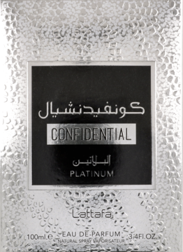 Teksturowane srebrne pudełko perfum Lattafa Confidential Platinum 100ml, z czarną etykietą, widok z przodu.