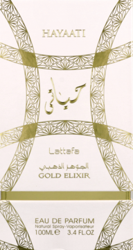 Lattafa Hayaati Gold Elixir EDP, białe pudełko z bogatymi złotymi wzorami i napisami, widok z przodu.