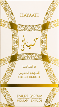 Lattafa Hayaati Gold Elixir Eau de Parfum, białe opakowanie ze złotymi wzorami, widok z przodu.