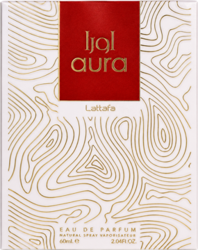 Biało-złote pudełko wody perfumowanej Lattafa Aura 60ml z czerwonym logo i topograficznym wzorem, widok z przodu.