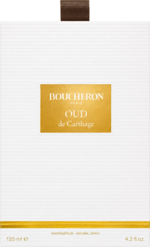 Boucheron Oud de Carthage woda perfumowana, białe pionowe opakowanie z centralną złotą etykietą i napisem, 125 ml.