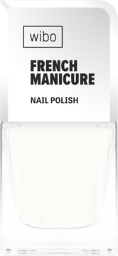 Wibo French Manicure Nail Polish w białej butelce, widok z przodu, etykieta z czarnym napisem.