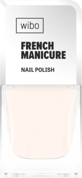 Wibo French Manicure Nail Polish w jasnym, naturalnym odcieniu, w przezroczystej butelce, widok z przodu.