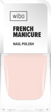 Wibo French Manicure Nail Polish w jasnoróżowym kolorze, w przezroczystej butelce, widok z przodu.