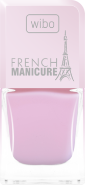 Wibo French Manicure nail polish, translucent light pink shade, rectangular glass bottle, with Eiffel Tower drawing.