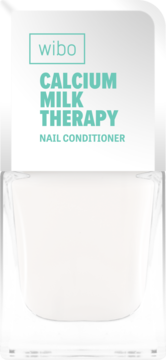WIBO Calcium Milk Therapy Nail Conditioner, biała butelka z turkusowym napisem, do wzmacniania i nawilżania paznokci.