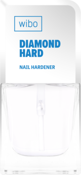 WIBO Diamond Hard Nail Hardener w przezroczystej butelce z białą etykietą i niebieskim napisem, widok z przodu.