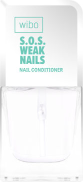 Wibo S.O.S. Weak Nails, odżywka do paznokci w białej butelce z turkusowym napisem, ujęcie z przodu.