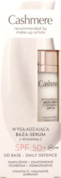 Wygładzająca baza-serum Cashmere z wit. C SPF 50+, widok opakowania z frontu, białe z różowym tekstem.