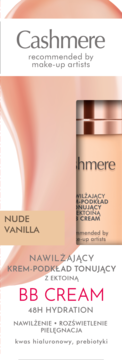 Cashmere BB Cream Nude Vanilla, nawilżający krem tonujący 48H Hydration, beżowa butelka z tekstem.