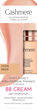 Cashmere BB Cream Nude Beige, nawilżający krem tonujący, zbliżenie na butelkę i tekst.