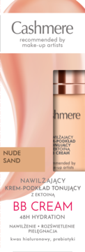 Cashmere BB Cream Nude Sand, nawilżający krem tonujący, beżowa butelka z brązową nakrętką, widok z przodu.