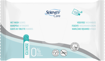 Białe opakowanie rękawic myjących Serenity Care Cleanse, widok z przodu, z napisem 0% alkoholu i perfum.