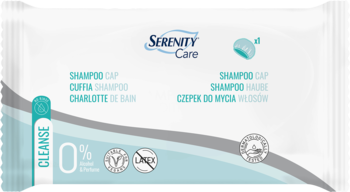 Serenity Care czepek z szamponem, białe opakowanie, do mycia włosów bez wody, wegański, bez lateksu.