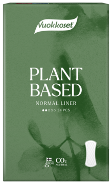 Front zielonego opakowania wkładek Vuokkoset Plant Based Normal Liner 24 szt., z logo CO2 neutral.