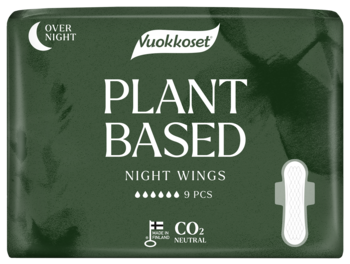 Vuokkoset Plant Based Night Wings, ciemnozielone opakowanie podpasek nocnych, widok z przodu.