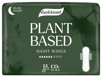 Vuokkoset Plant Based Night Wings, ciemnozielone opakowanie podpasek nocnych, widok z przodu.
