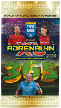 Panini FIFA 365 Adrenalyn XL 2025, złota saszetka z 6 kartami piłkarzy, przód, z Kane'em i Haalandem.