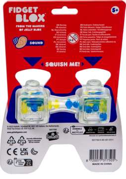 Tył czerwonego opakowania Fidget Blox Goliath. Przezroczyste bloxy z niebiesko-żółtymi koralikami, napis SQUISH ME!
