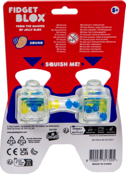 Tył czerwonego opakowania Fidget Blox Goliath. Przezroczyste bloxy z niebiesko-żółtymi koralikami, napis SQUISH ME!