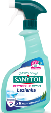 Sanytol dezynfekujący spray do łazienki, błękitna butelka, zabija 99.9% zarazków, x5 odkamieniania, eukaliptus.