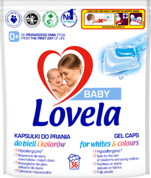 Białe opakowanie Lovela Baby kapsułek do prania 0+ dla wrażliwej skóry, do bieli i kolorów, 36 szt.