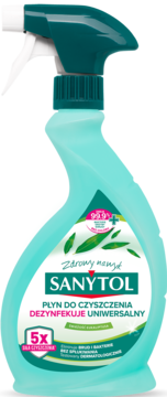 Miętowy spray Sanytol do czyszczenia i dezynfekcji z eukaliptusem, butelka z białym spryskiwaczem, widok z przodu.