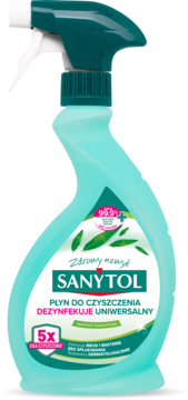 Sanytol uniwersalny płyn czyszcząco-dezynfekujący w turkusowej butelce spray, widok z przodu.