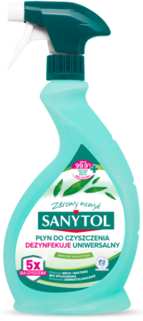 Sanytol uniwersalny spray dezynfekujący o zapachu eukaliptusa, turkusowa butelka, 99,9% skuteczności, widok z przodu.