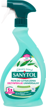 Sanytol uniwersalny płyn czyszcząco-dezynfekujący, turkusowa butelka ze spryskiwaczem, z przodu etykieta z eukaliptusem.