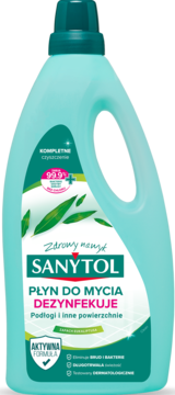 Sanytol Płyn do dezynfekcji podłóg, turkusowa butelka z zieloną etykietą, widok z przodu, eukaliptus.