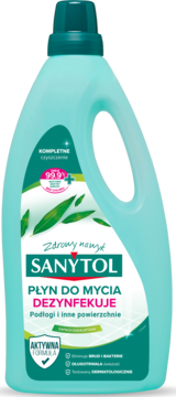 Sanytol płyn do mycia i dezynfekcji w jasnoniebieskiej butelce z zieloną etykietą, zabija 99.9% bakterii, widok z przodu.