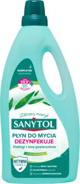 Sanytol Płyn do mycia i dezynfekcji (99.9% bakterii) w jasnoturkusowej butelce, zielona etykieta, widok z przodu.
