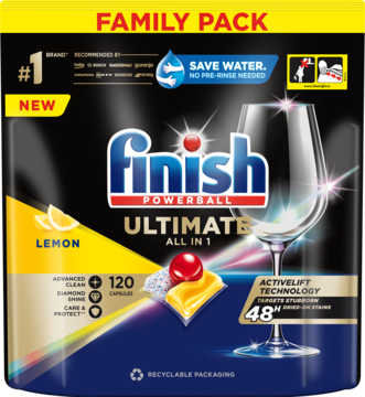 Czarna torba Finish Ultimate All-in-1 Lemon 120 kapsułek do zmywarki, z dużą wizualizacją czystej szklanki.