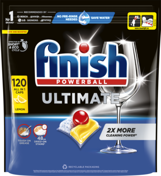 Front opakowania Finish Ultimate Powerball Lemon, 120 kapsułek do zmywarki, z kieliszkiem i tabletkami.