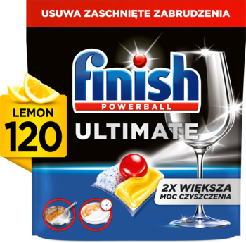 Finish Ultimate Lemon 120 tabletek do zmywarki. Opakowanie z cytryną, usuwa zaschnięte zabrudzenia. Widok z przodu.