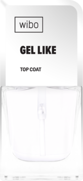 Biały Wibo Gel Like Top Coat, butelka z pędzelkiem, widok z przodu, nadaje paznokciom żelowy połysk.