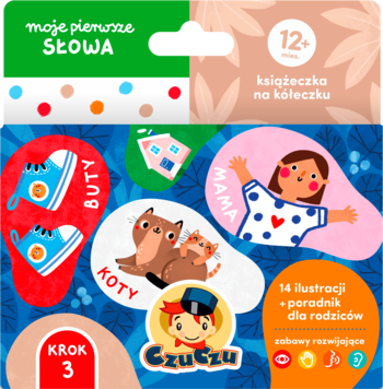 Książeczka edukacyjna na kółeczku Moje pierwsze słowa, z otwartymi stronami i ilustracjami Buty, Koty, Mama.