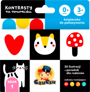Książeczka kontrastowa CzuCzu Kontrasty na sznureczku dla niemowląt, z 9 przykładami ilustracji.