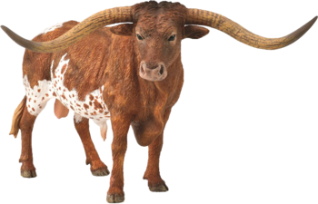 Figurka byka Texas Longhorn, realistyczna zabawka, brązowo-białe umaszczenie, długie rogi, widok frontalny.