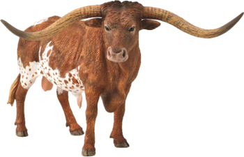 Figurka byka Texas Longhorn, realistyczna zabawka, brązowo-białe umaszczenie, długie rogi, widok frontalny.