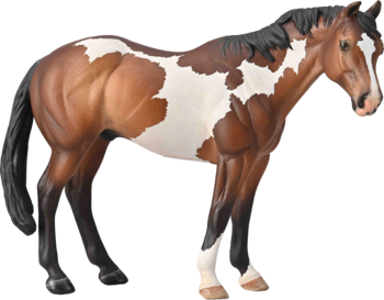 Figurka konia Appaloosa maści bay overo, brązowo-biała, stojąca, z czarną grzywą, widok z boku.