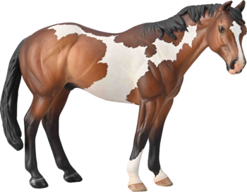 Figurka konia Appaloosa maści bay overo, brązowo-biała, stojąca, z czarną grzywą, widok z boku.