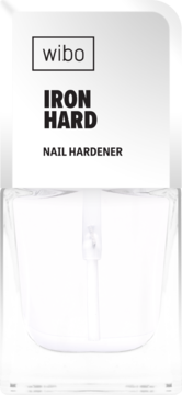WIBO Iron Hard Nail Hardener w przezroczystej butelce z białym aplikatorem, widok z przodu, biała etykieta.