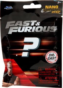 Black Fast & Furious Nano Hollywood Rides die-cast mystery blind bag with question mark, ft. Vin Diesel.
