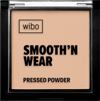 Wibo Smooth'N Wear, matujący puder prasowany, jasny beż, w czarnym kwadratowym kompakcie, widok z góry.