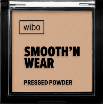 Wibo Smooth'n Wear Pressed Powder, beżowy puder matujący w czarnej kasetce, widok z przodu.